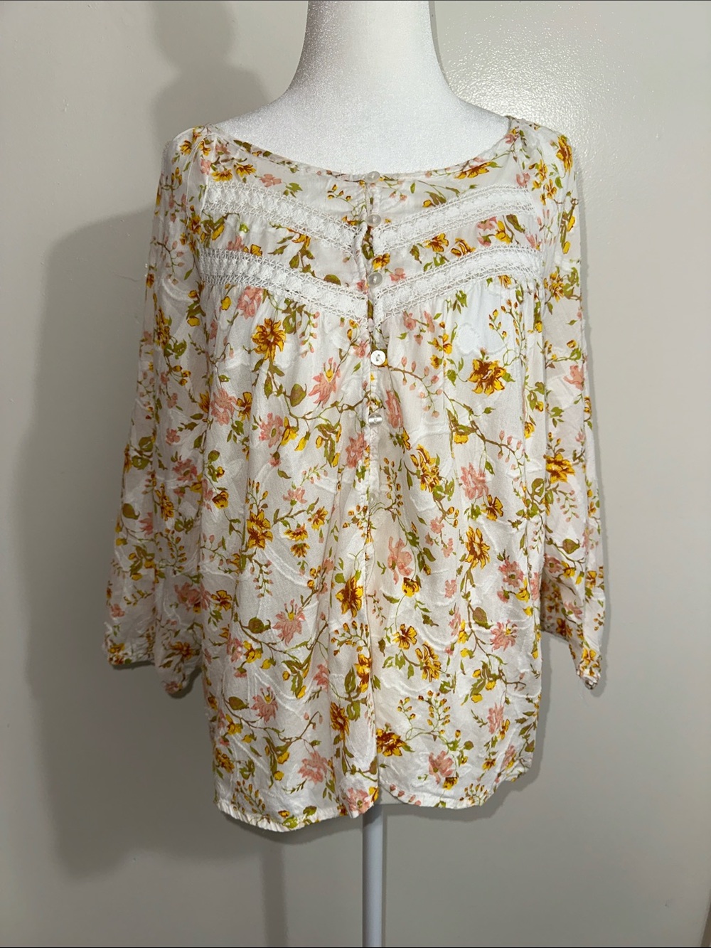 Boho Lace-Trim Floral Tunic - White with Pink & Mustard Flowers